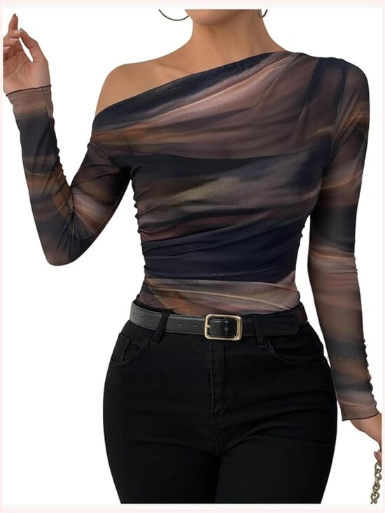 Tops - Asymmetric Off The Shoulder Long Sleeve Mesh Top